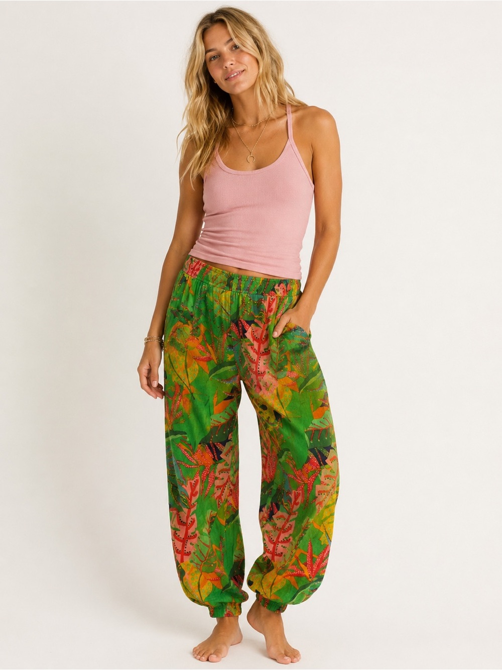Olivaceous Tropical Leaf Print Elastic-Waist Wide Leg Joggers Pants